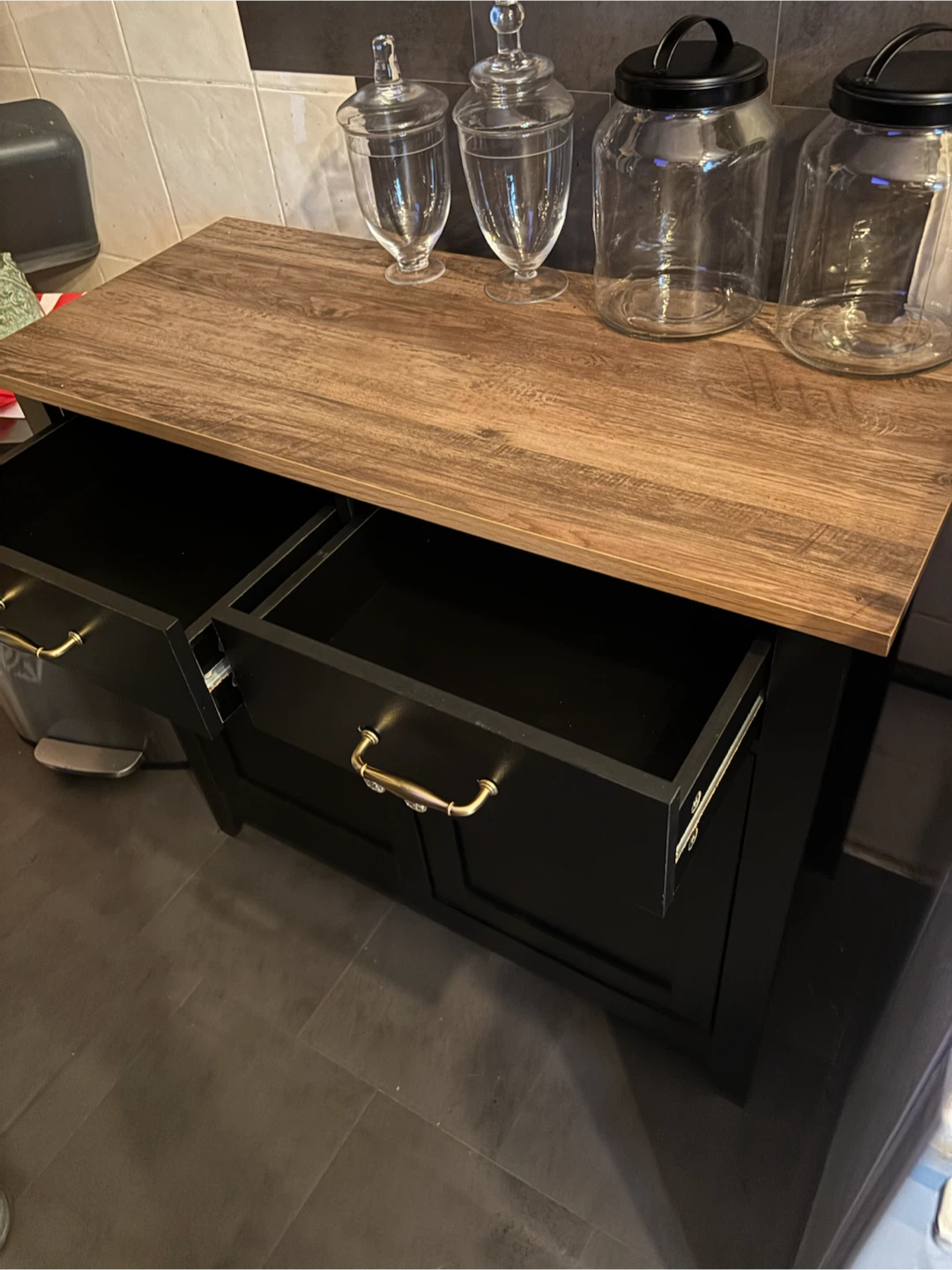 Black Storage Cabinet with Wood Top