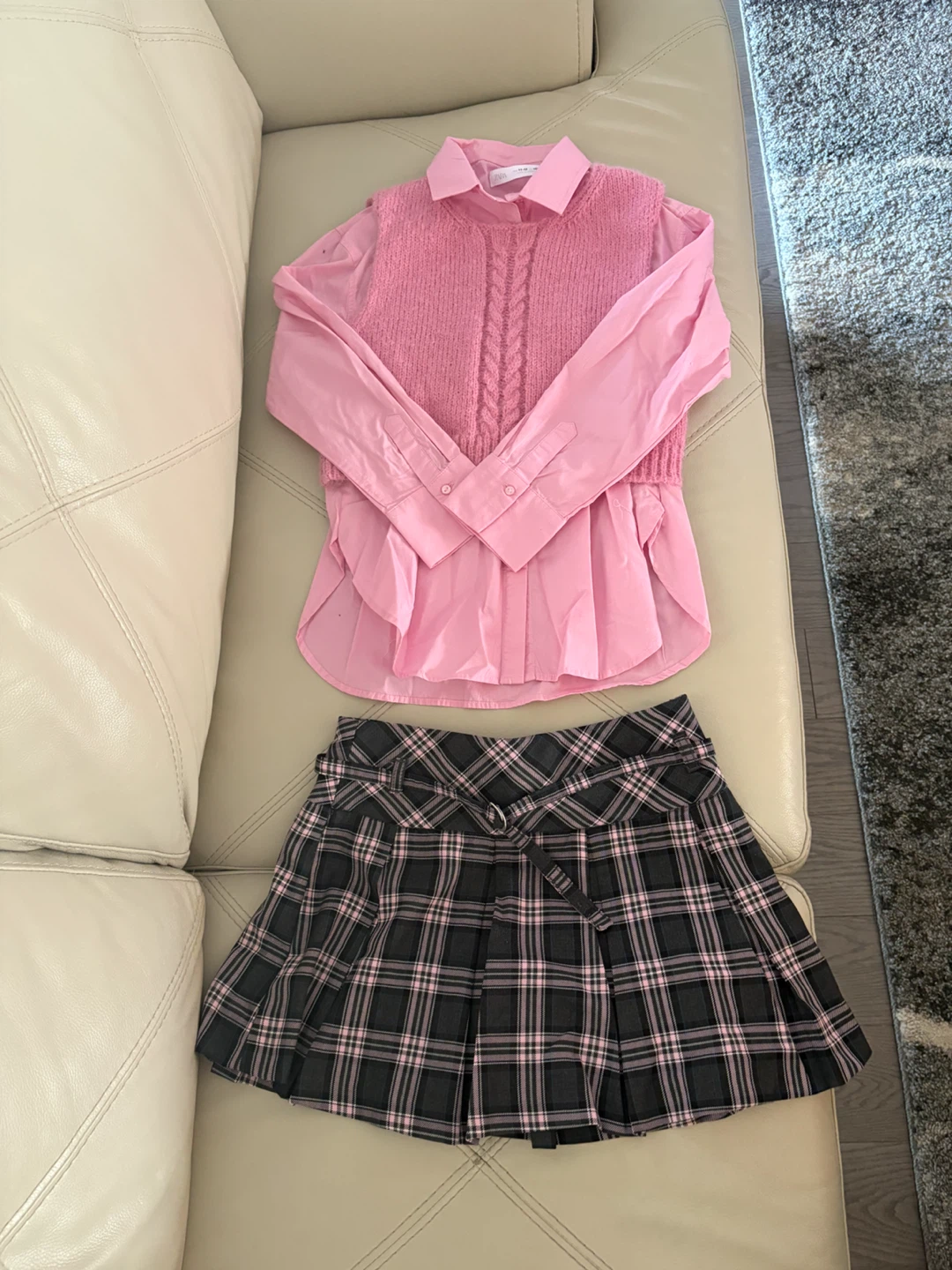 ZARA Pink Sweater Shirt and Plaid Skirt Set - Size 11-12/13-14