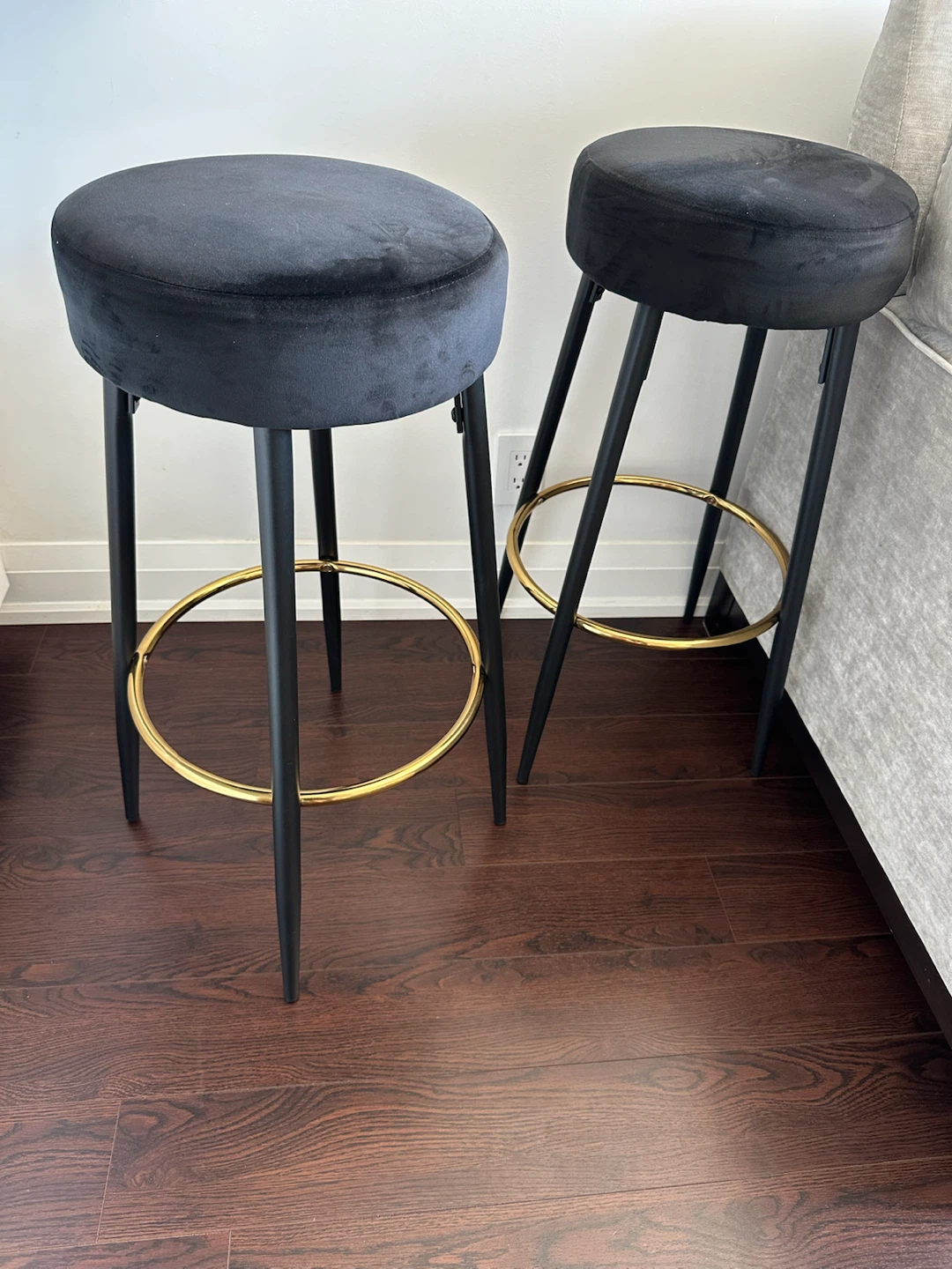 Set of 2 Black Velvet Bar Stools with Gold Accents