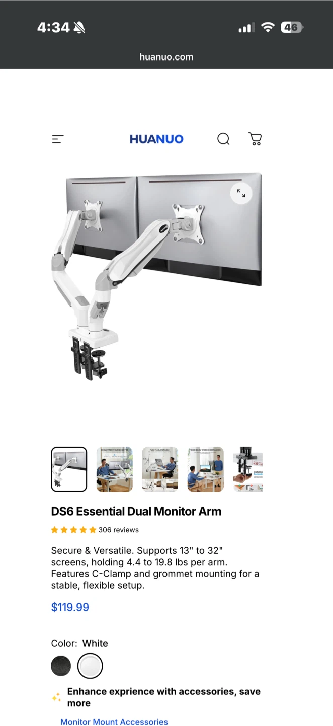 HUANUO DS6 Essential Dual Monitor Arm - White