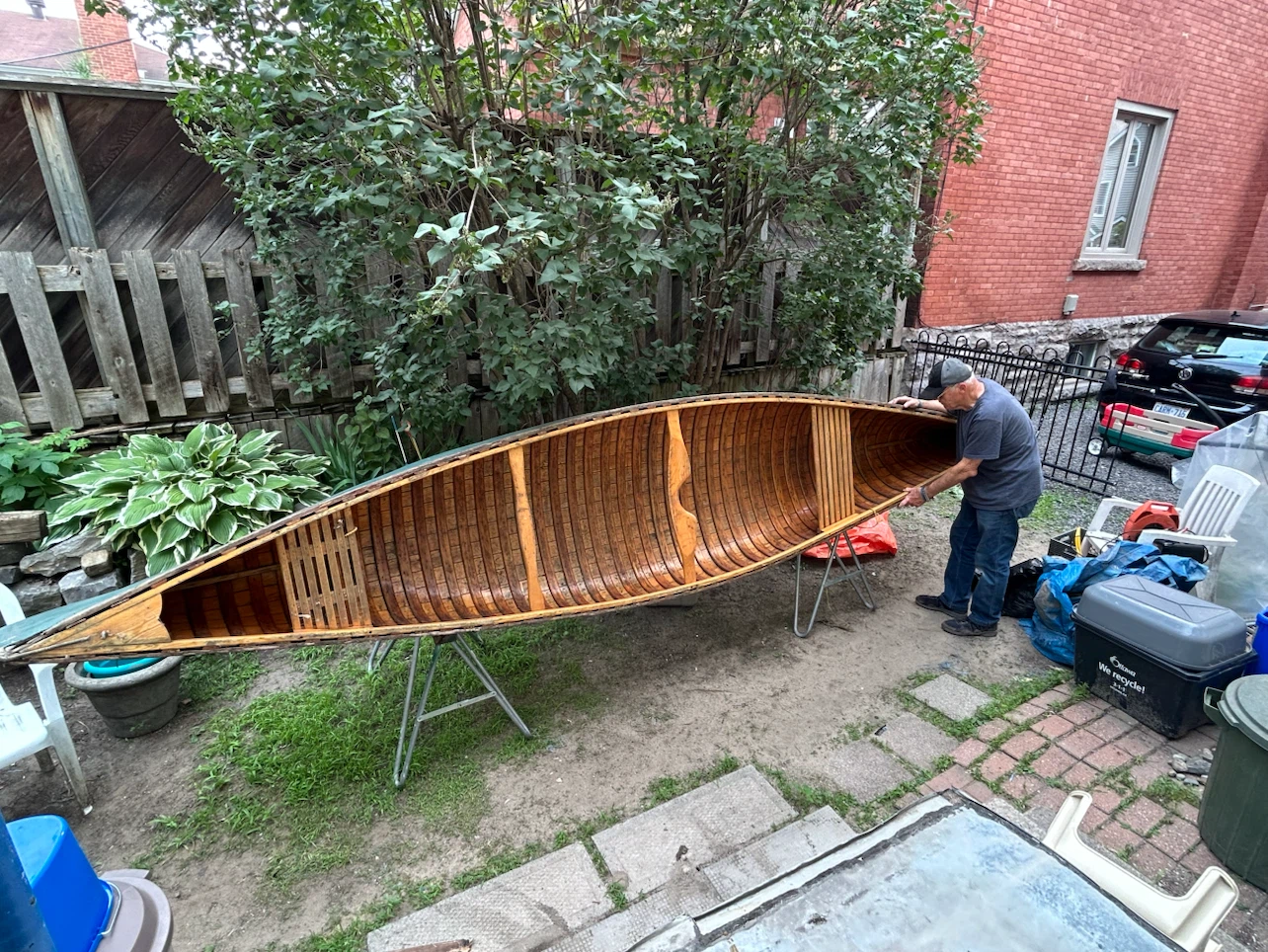 16 foot fiberglass clad classic vintage cedar strip canoe