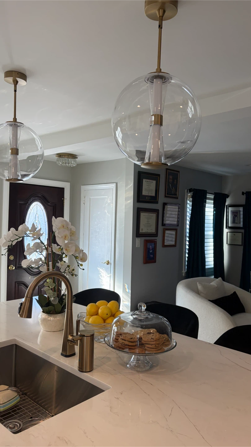 Set of 2 Clear Glass Globe Pendant Lights with Gold Accents