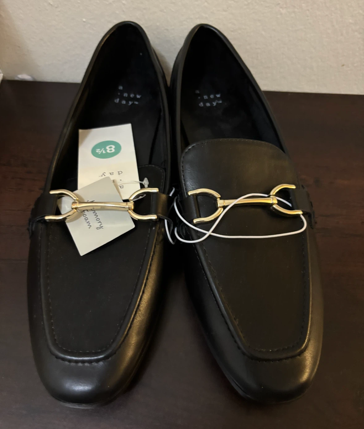 NEW-Size 8.5-A New Day Black Loafers with Gold Buckle