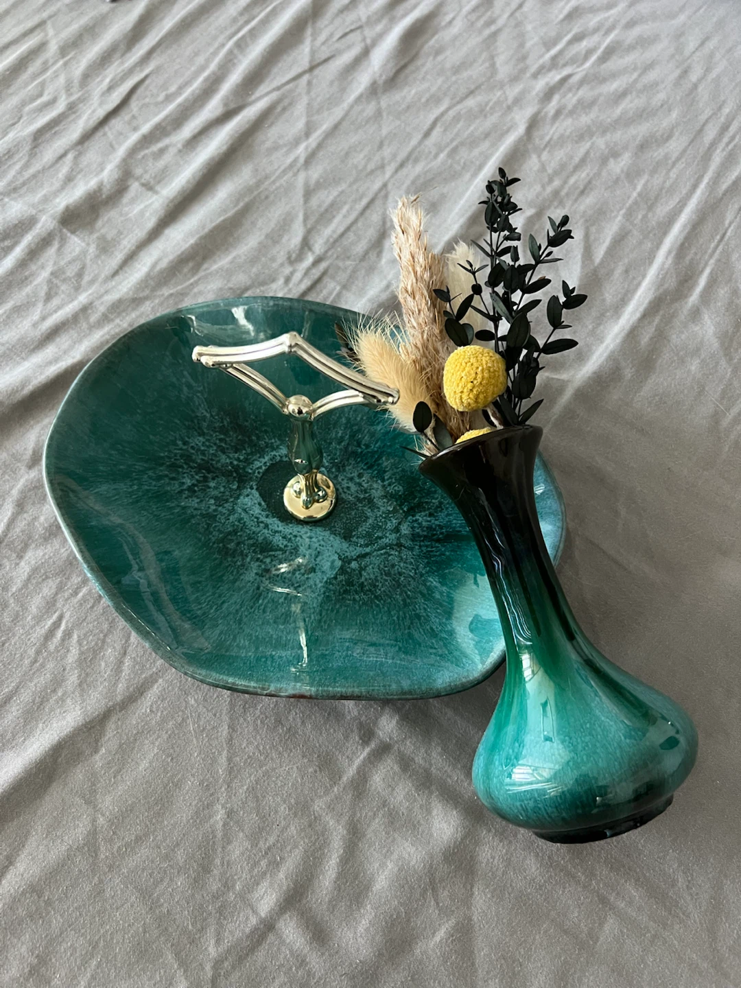 Blue Mountain Pottery Small Bud Vase and tray Green Drip Glaze