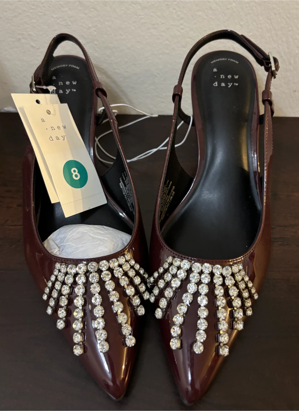NEW-A New Day Women's Rhinestone Slingback Heels Burgundy Size 8