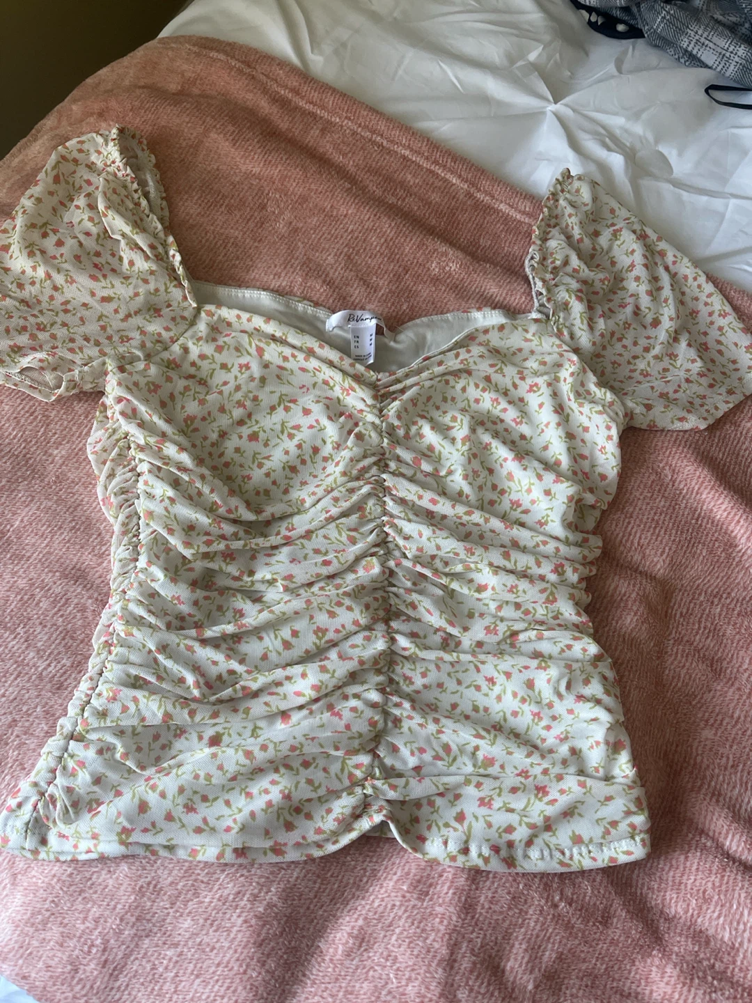 ReVamped Ruched Floral Mesh Top - Size M