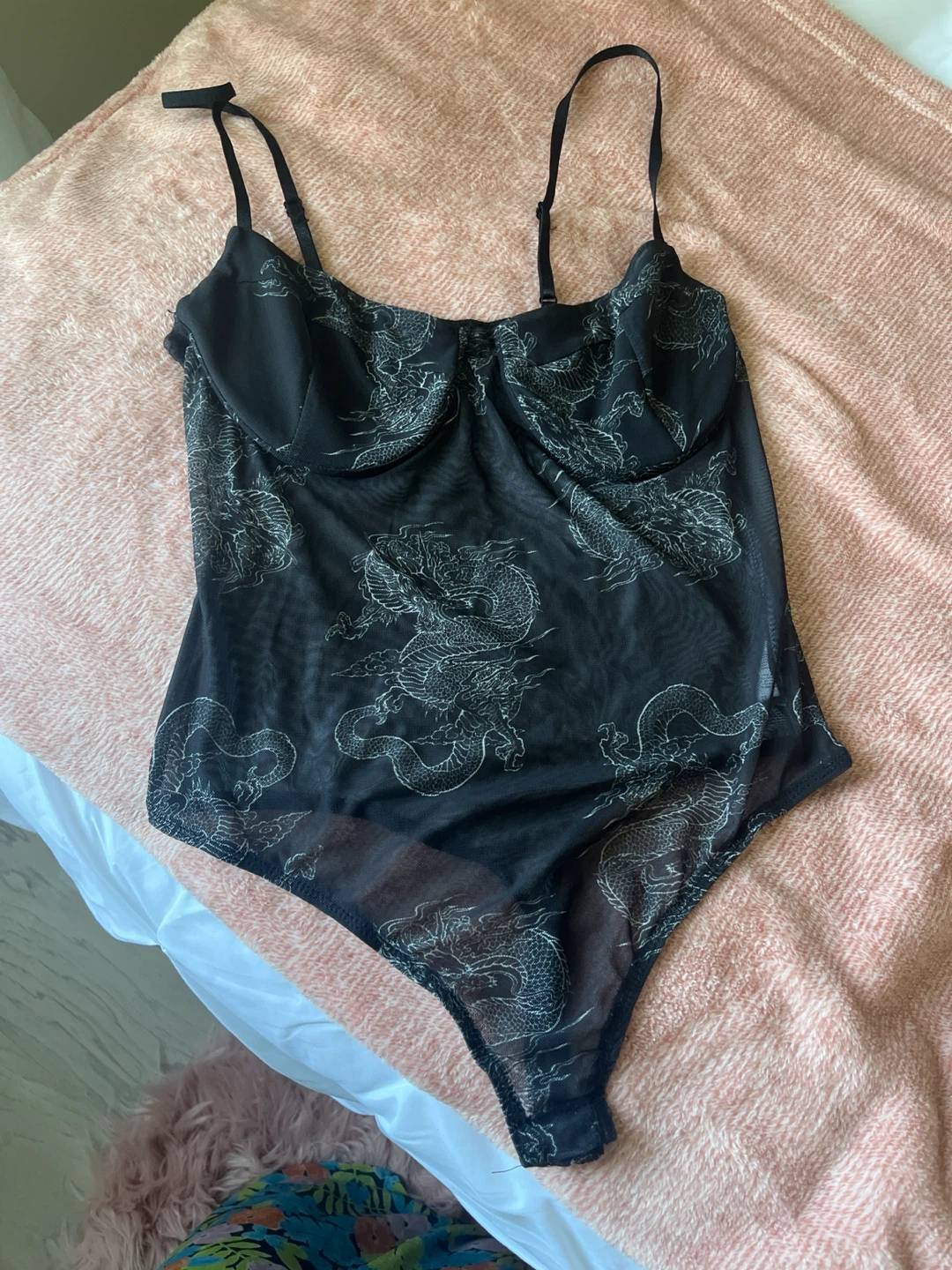 Streetwear Society Black Dragon Print Mesh Bodysuit