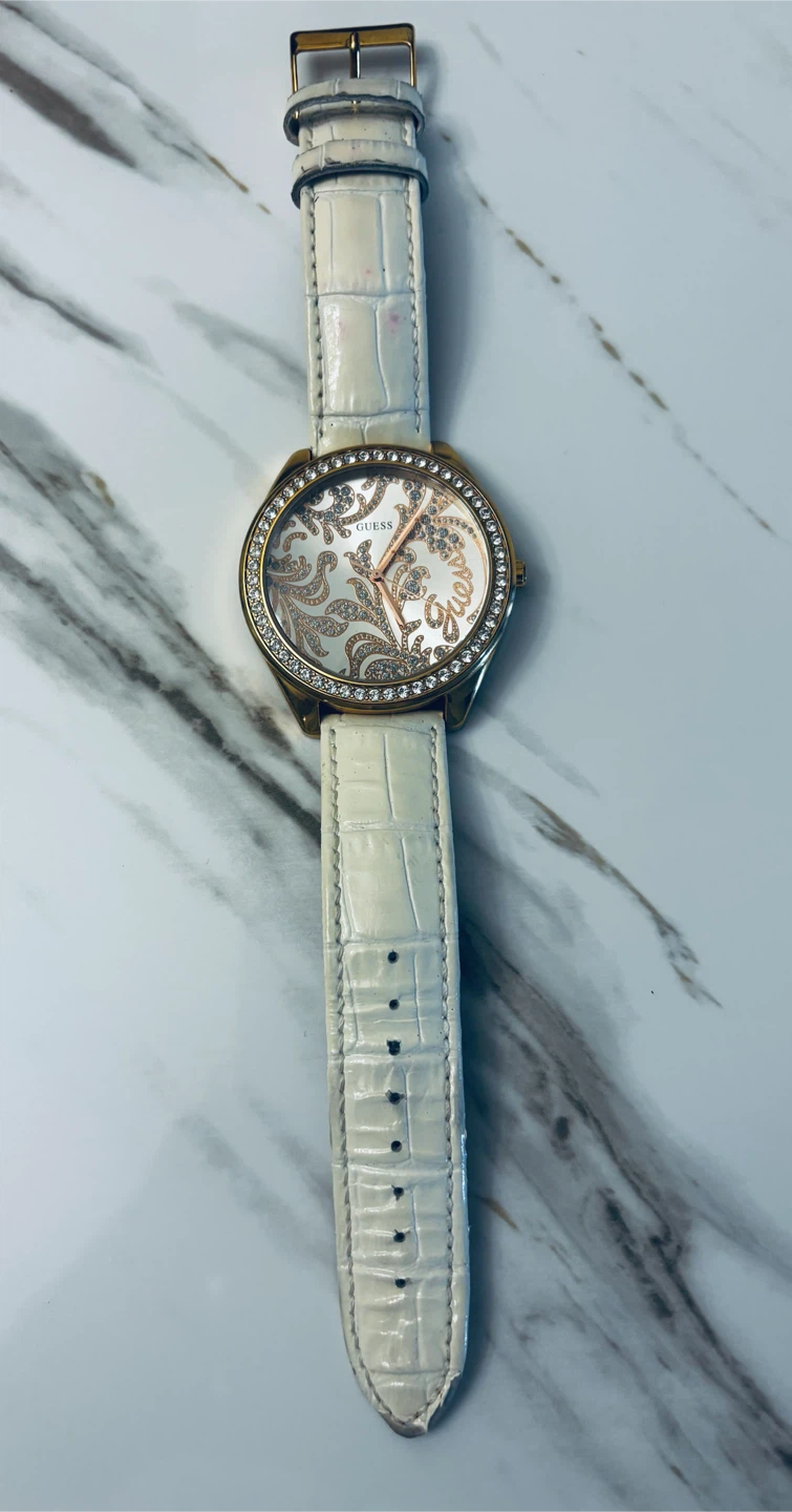 Women's GUESS Watch - White Leather Strap, Gold Tone