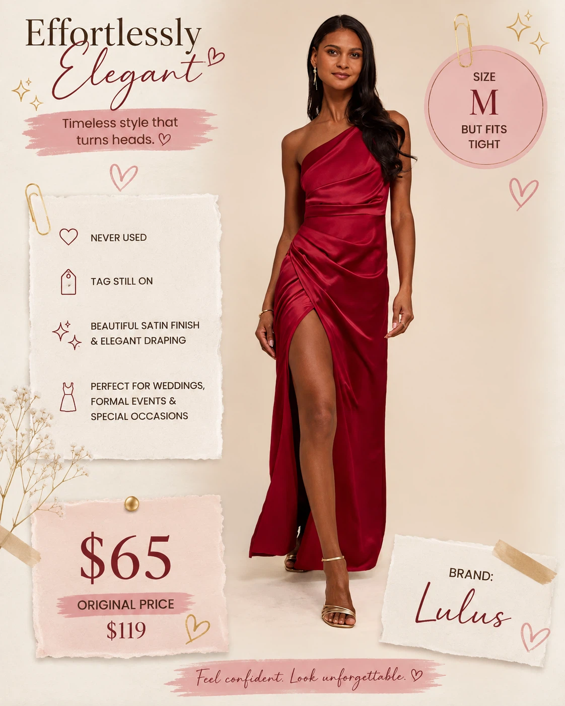 Lulus Red Satin One-Shoulder Ruched Maxi Dress Size M