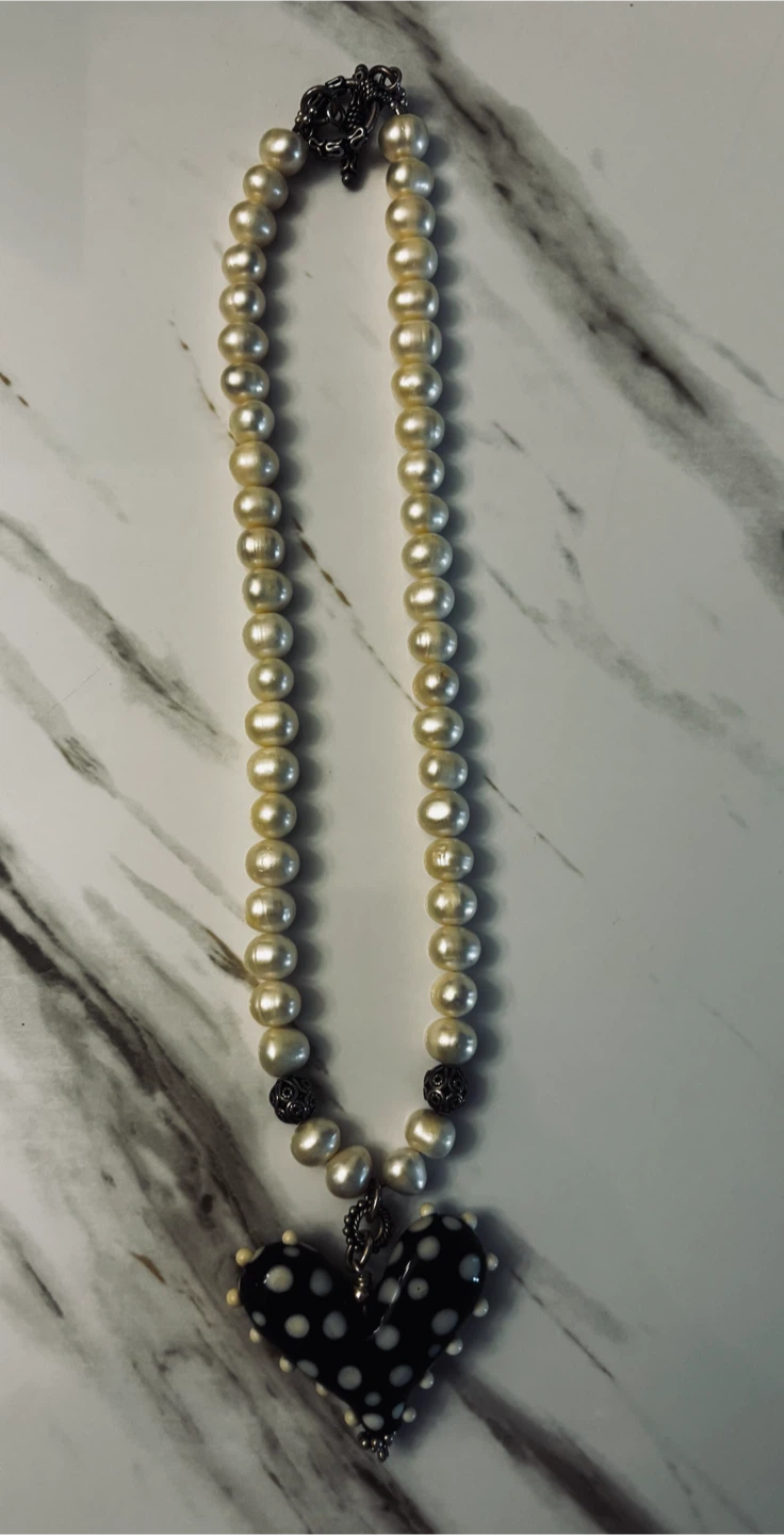 Pearl Necklace with Black and White Polka Dot Heart Pendant