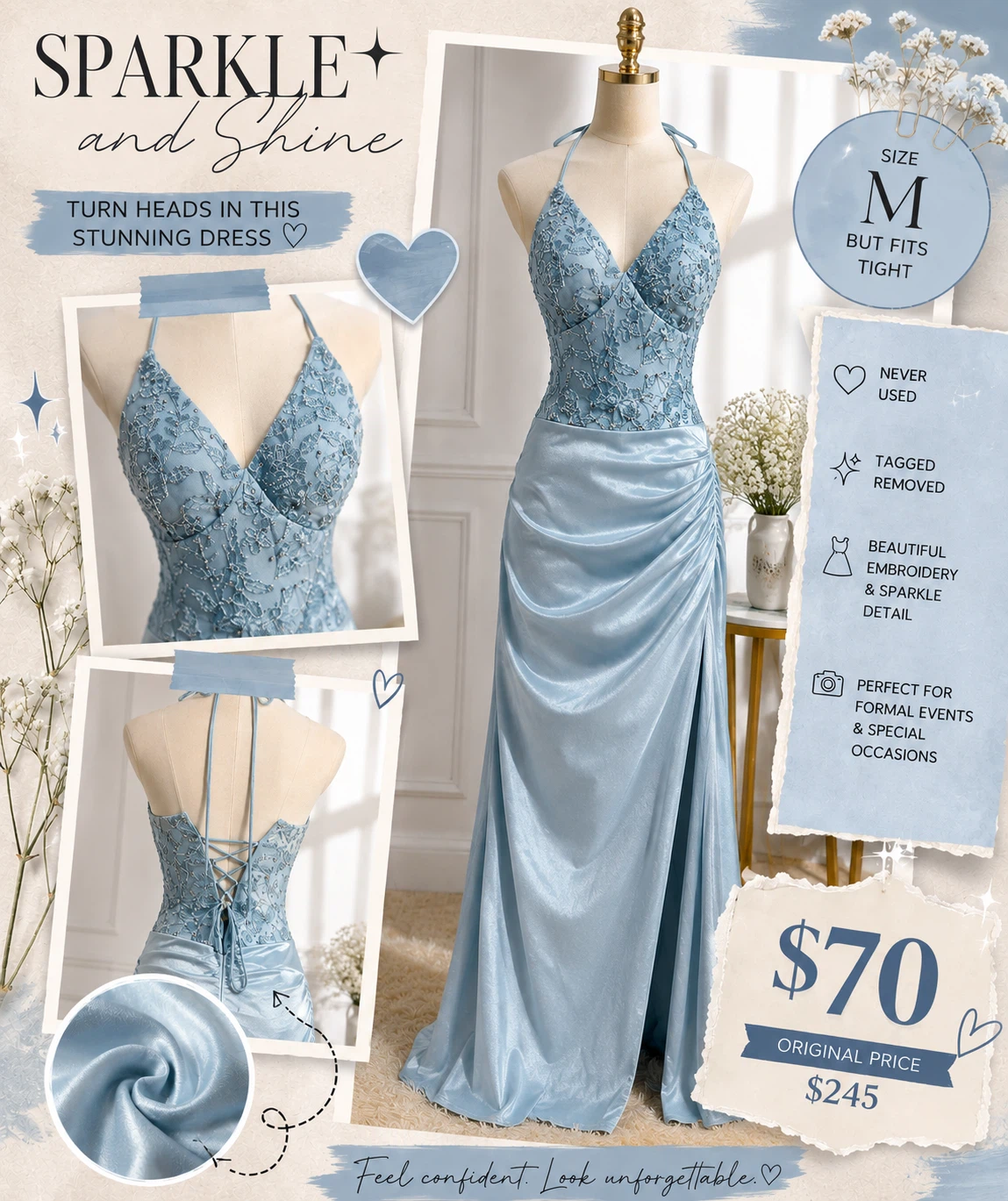 Light Blue Embroidered Formal Dress Size M