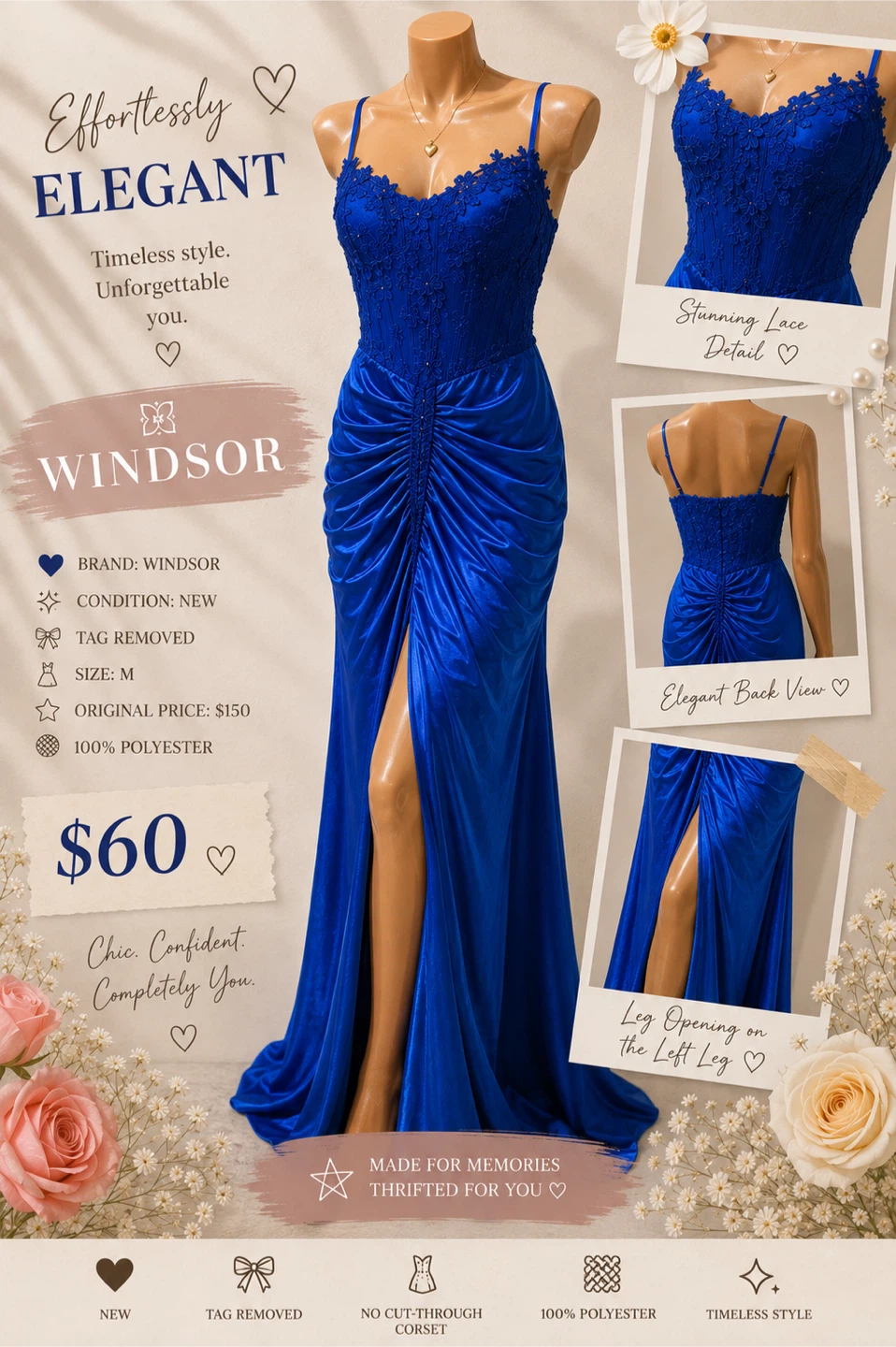 Windsor Royal Blue Lace Ruched Gown - Size M