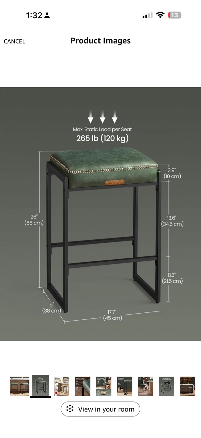 VASAGLE Green Faux Leather Bar Stools (Set of 2) - photo 2