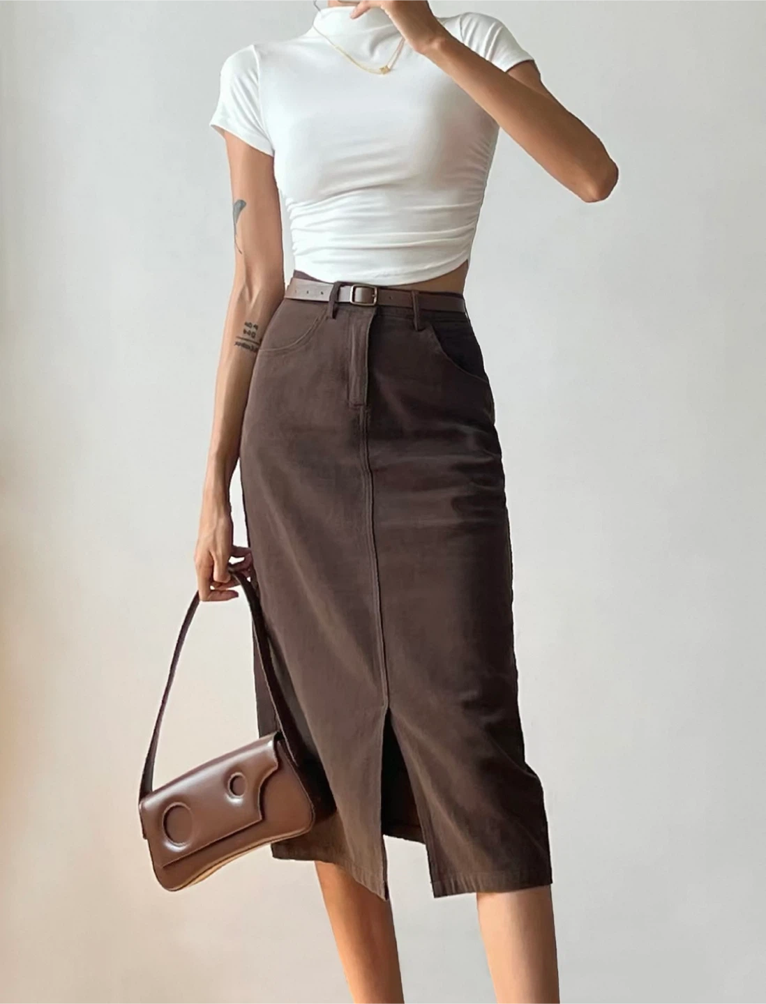 New Brown Corduroy Midi Skirt with Belt - Size Small (S) new tag