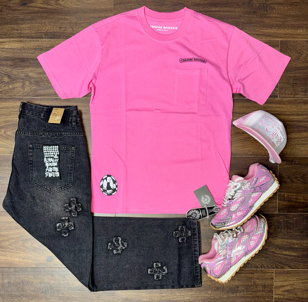 Chrome Hearts Pink T-Shirt and Black Jeans Set