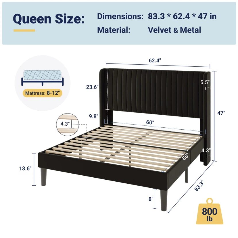 Allewie Queen Size Velvet Bed Frame - photo 2
