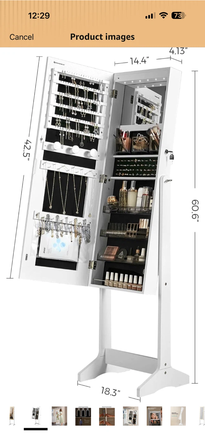 SONGMICS White LED Mirror Jewelry Cabinet Armoire