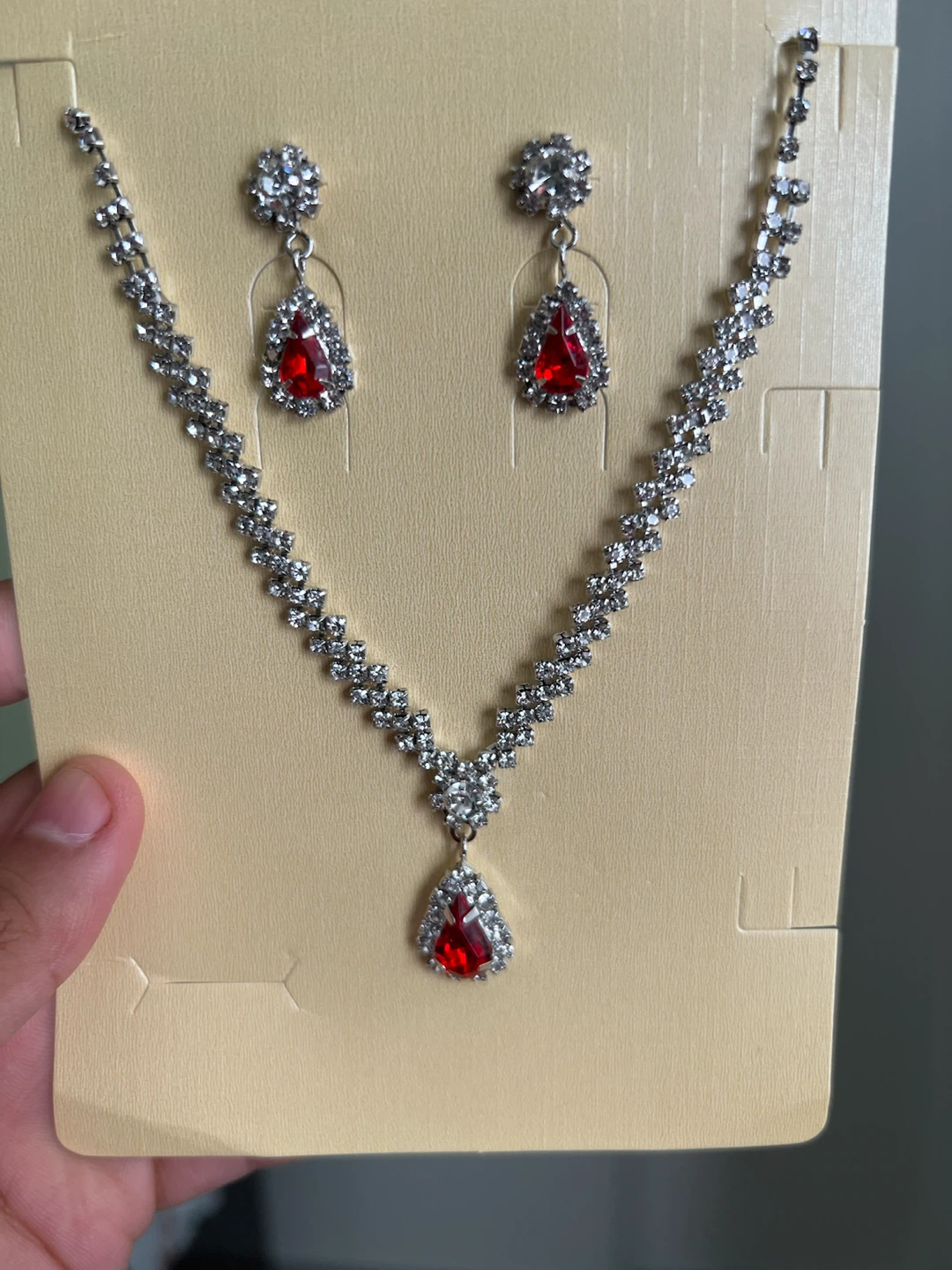 Rhinestone Necklace and Earring Set with Red Gems