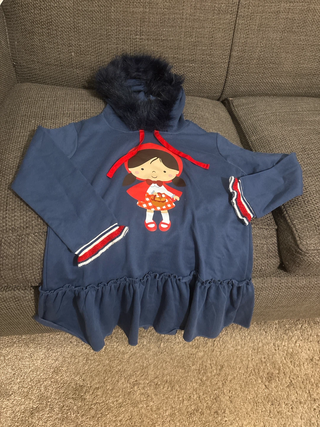 Mon Petit Bonbon Blue Hooded Dress with Faux Fur Trim - Size 6