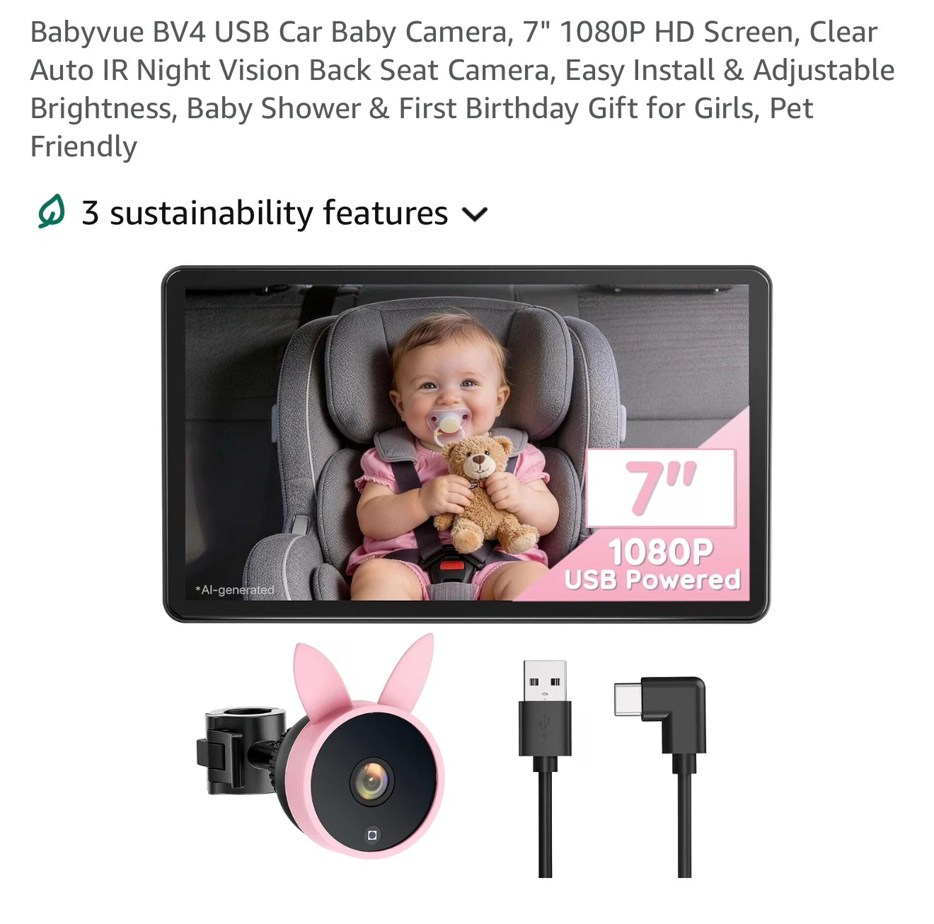 Babyvue BV4 USB Car Baby Camera 7" 1080P HD Screen
