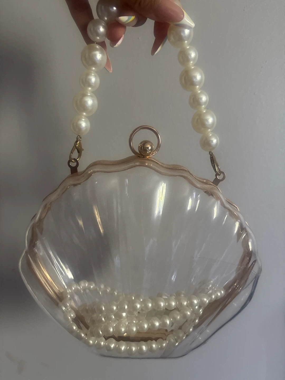 Clear Seashell Clutch Purse with Pearl Handle