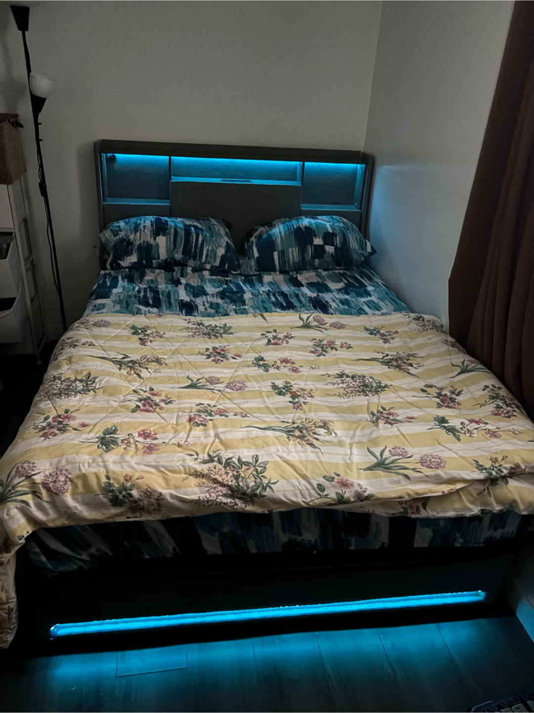 Grey Upholstered Bed Frame with Built-in Shelving and LED Lights