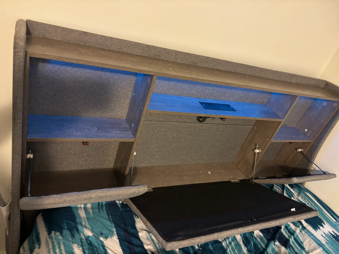 Grey Upholstered Bed Frame with Built-in Shelving and LED Lights - photo 3