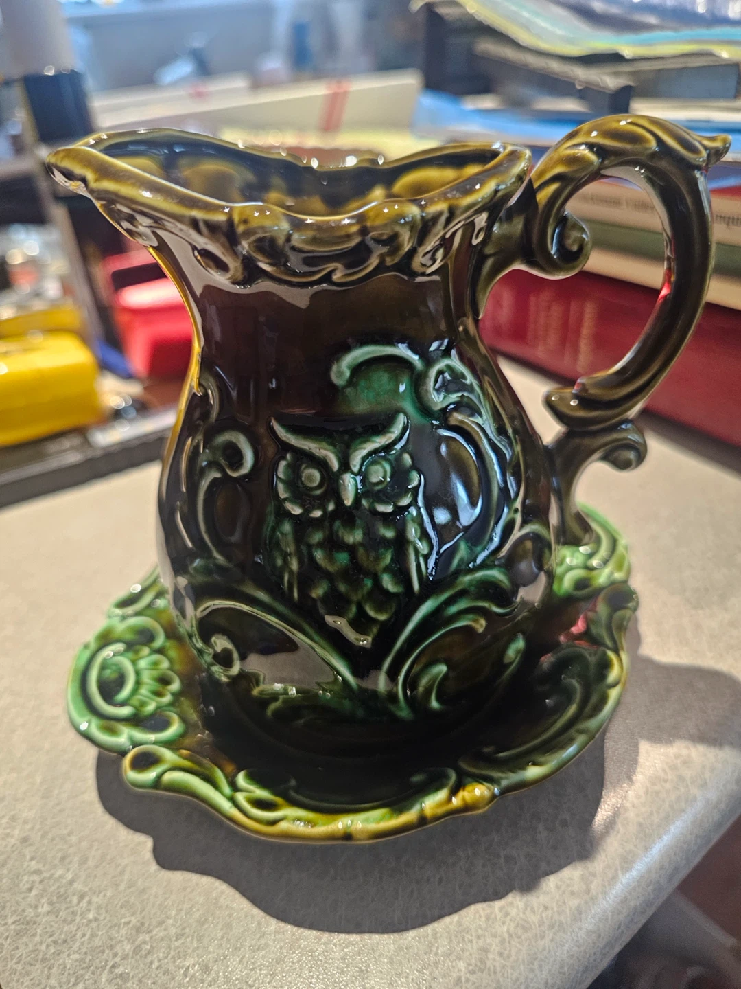 Vintage Enesco Owl Pitcher and Bowl Set