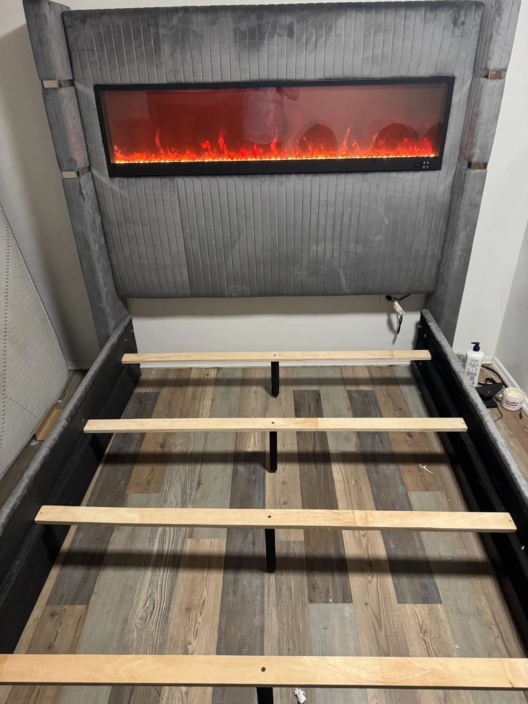 Grey Velvet queens size  Bed Frame with Electric Fireplace