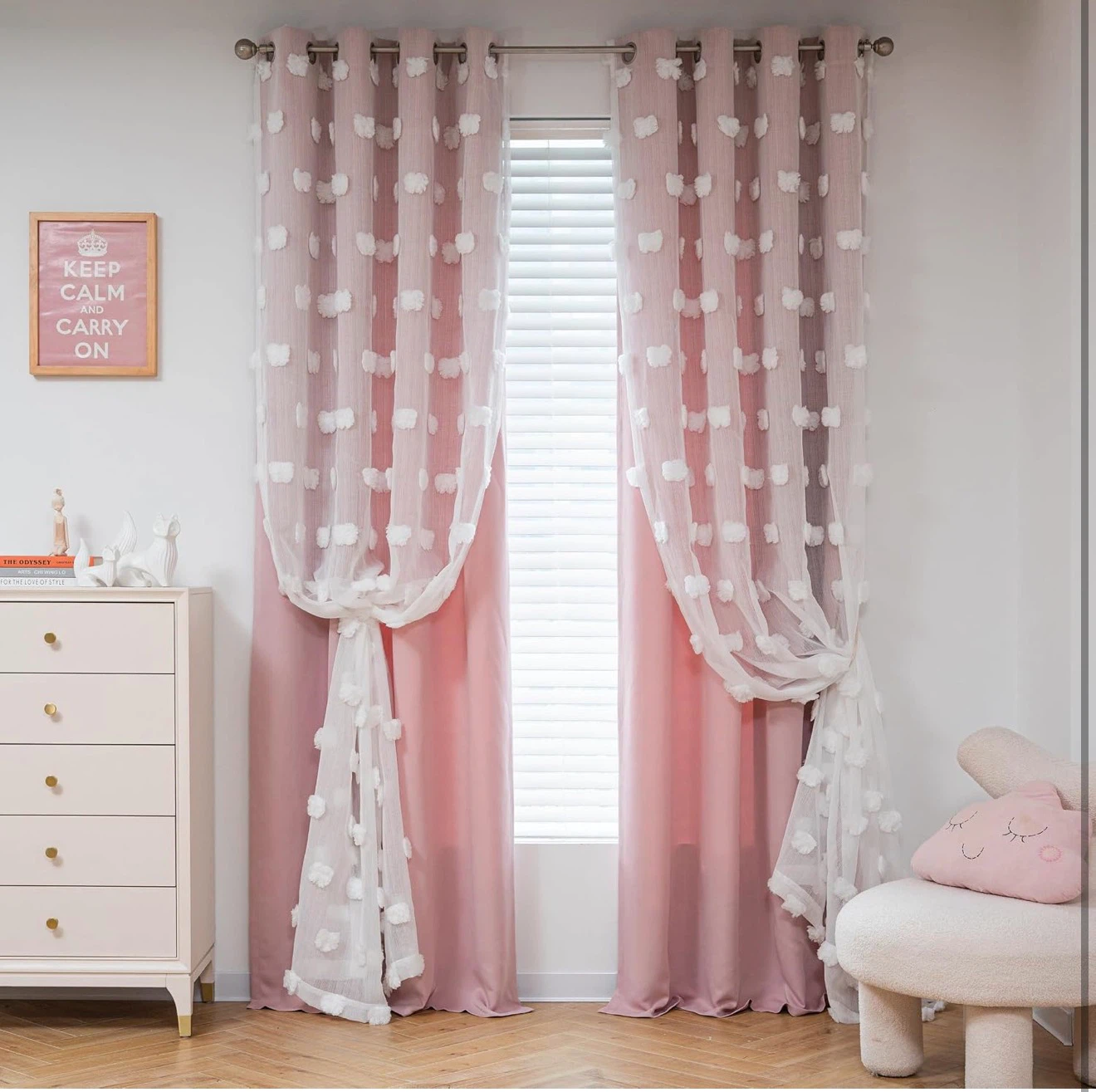 Double Layer Sheer and Blackout Curtains with Pom Pom Detail