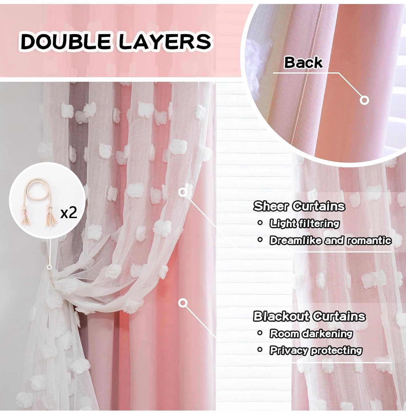 Double Layer Sheer and Blackout Curtains with Pom Pom Detail - photo 2