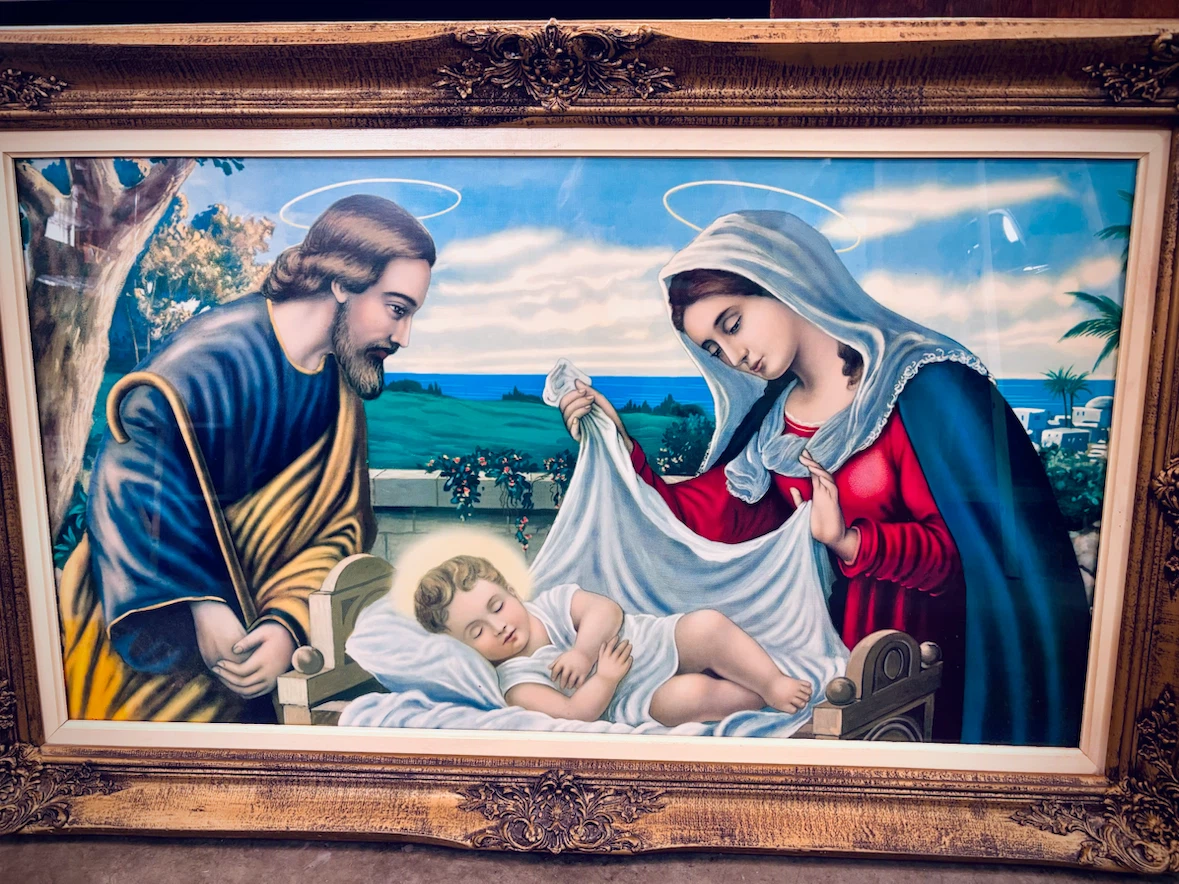 Vintage Holy Family Large Lithograph Art Print with Gold Frame