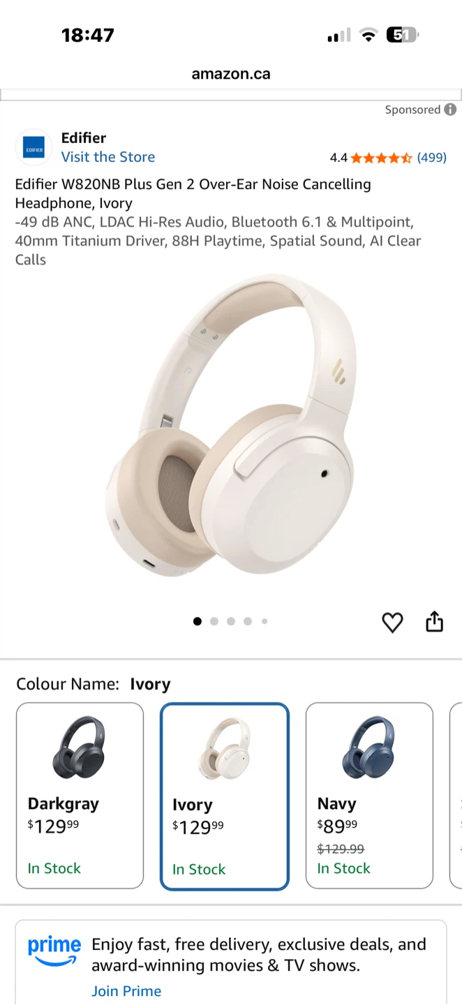 Edifier W820NB Plus Gen 2 Over-Ear Noise Cancelling Headphones,