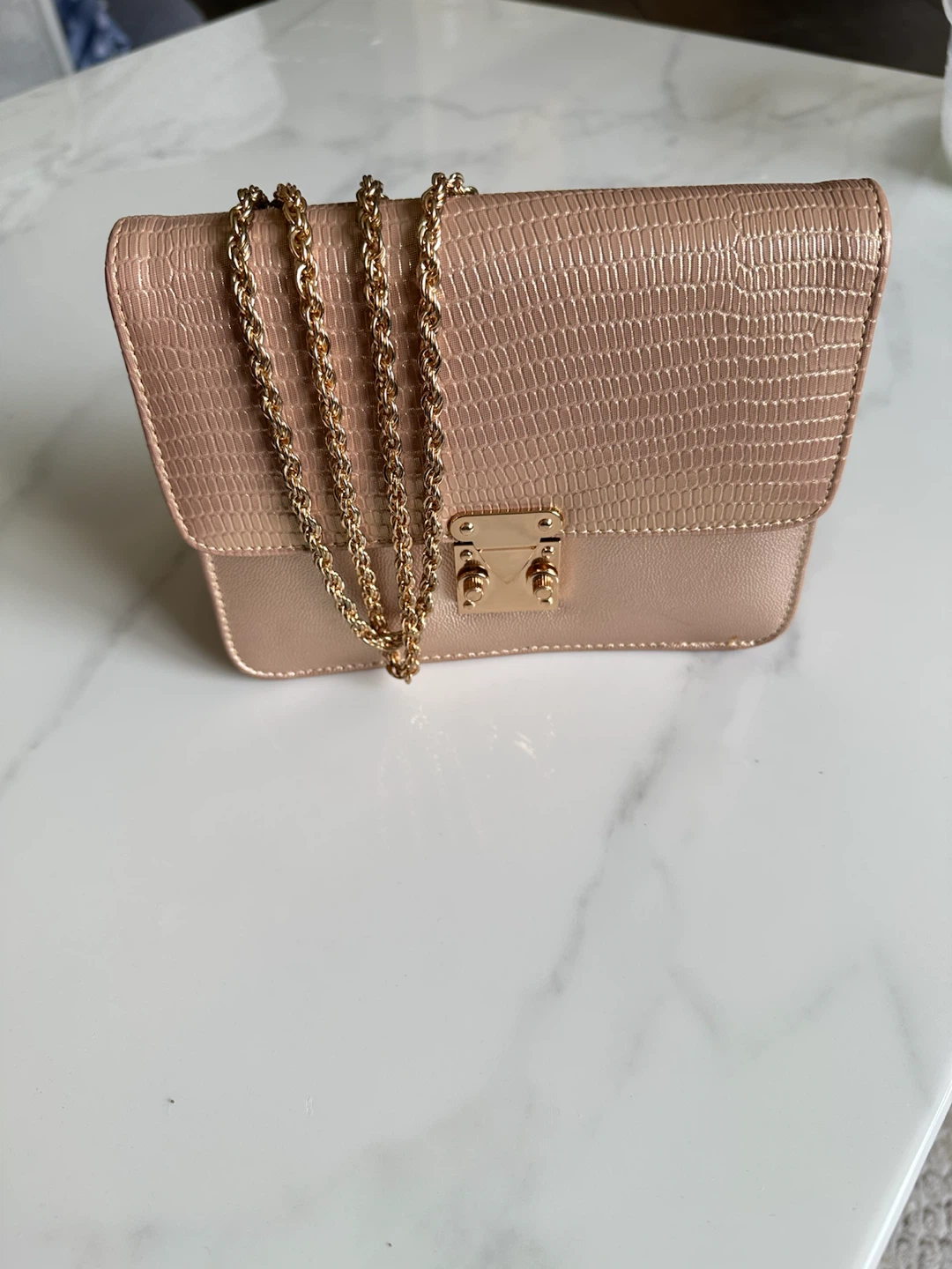 Sacre Rose Gold Textured Clutch with Chain Strap