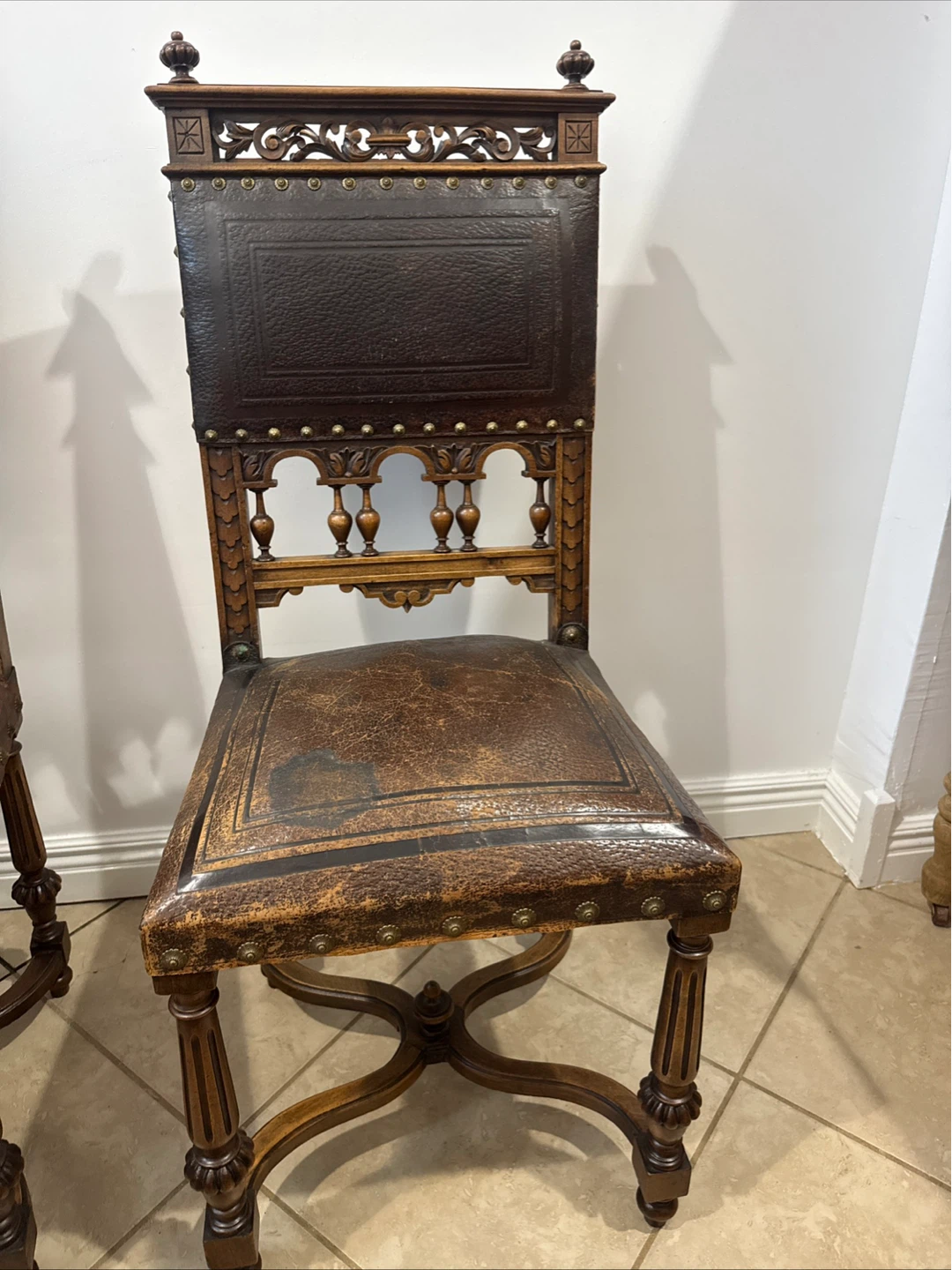 Antique Carved Wood & Leather Dining Chairs - photo 4