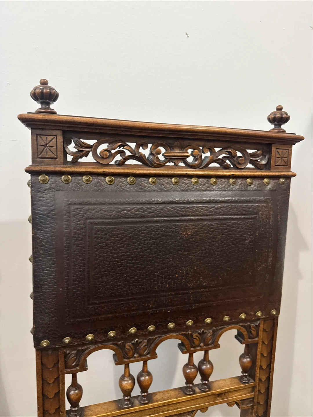 Antique Carved Wood & Leather Dining Chairs - photo 5