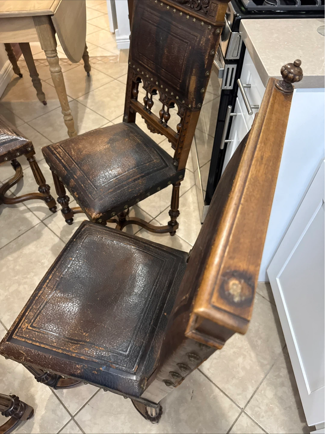 Antique Carved Wood & Leather Dining Chairs - photo 2