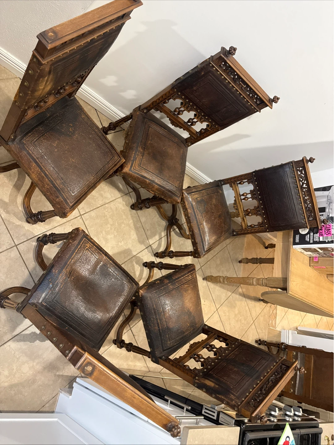 Antique Carved Wood & Leather Dining Chairs
