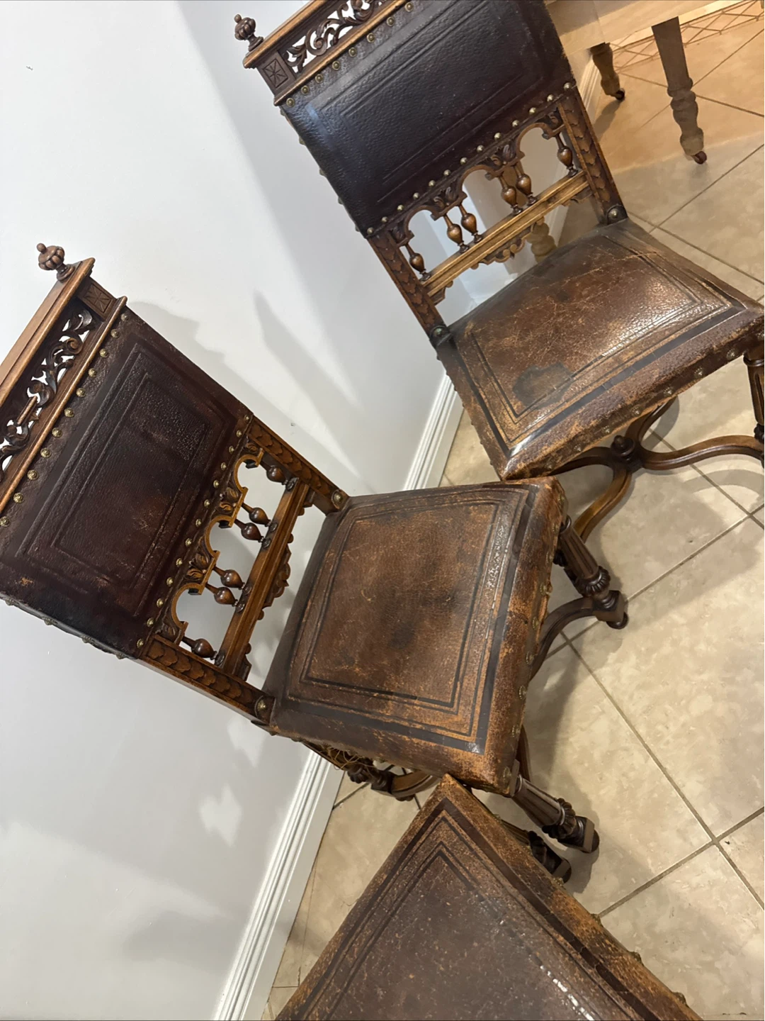 Antique Carved Wood & Leather Dining Chairs - photo 3