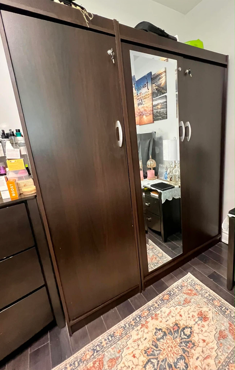 Dark Brown Wardrobe with Mirrored Doors