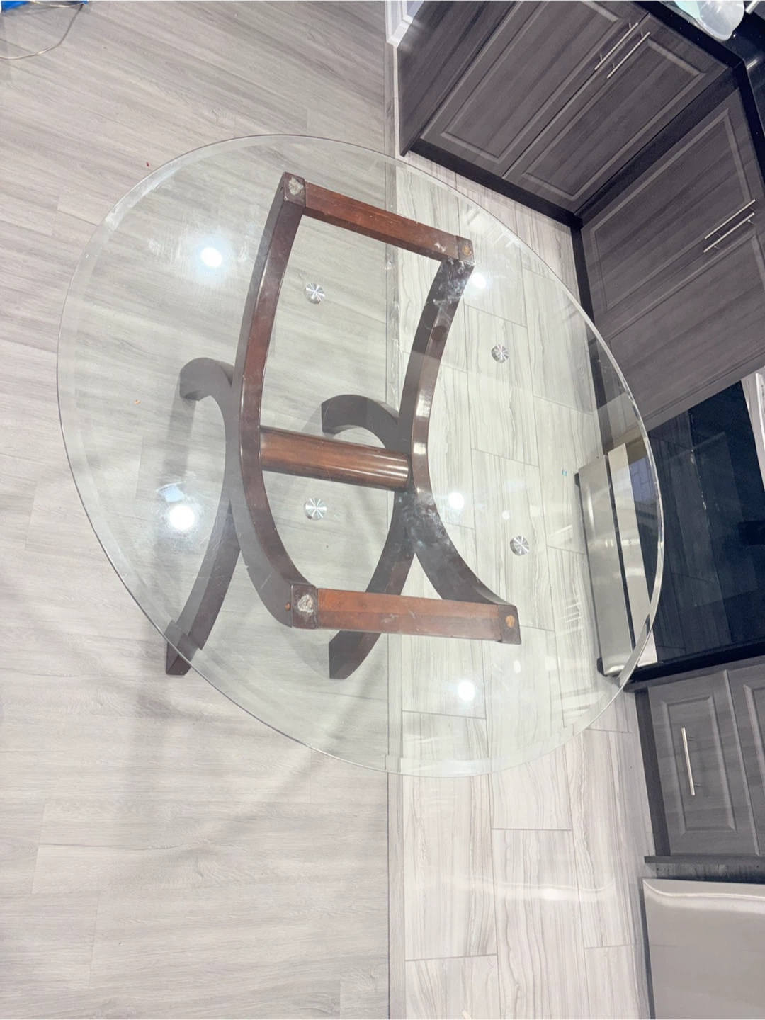 Modern Glass Dining Table – Thick Glass Top – Solid Wood Base