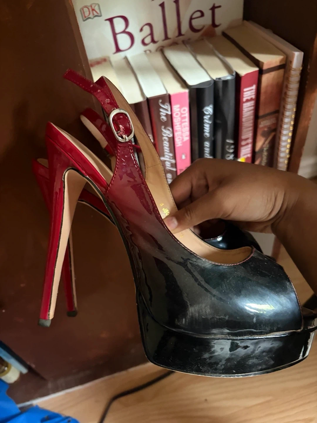 Red and Black Patent Slingback Heels