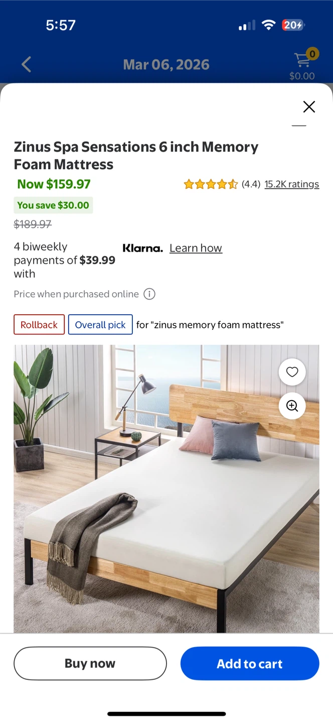 Zinus 6 inch Memory Foam Mattress queen size