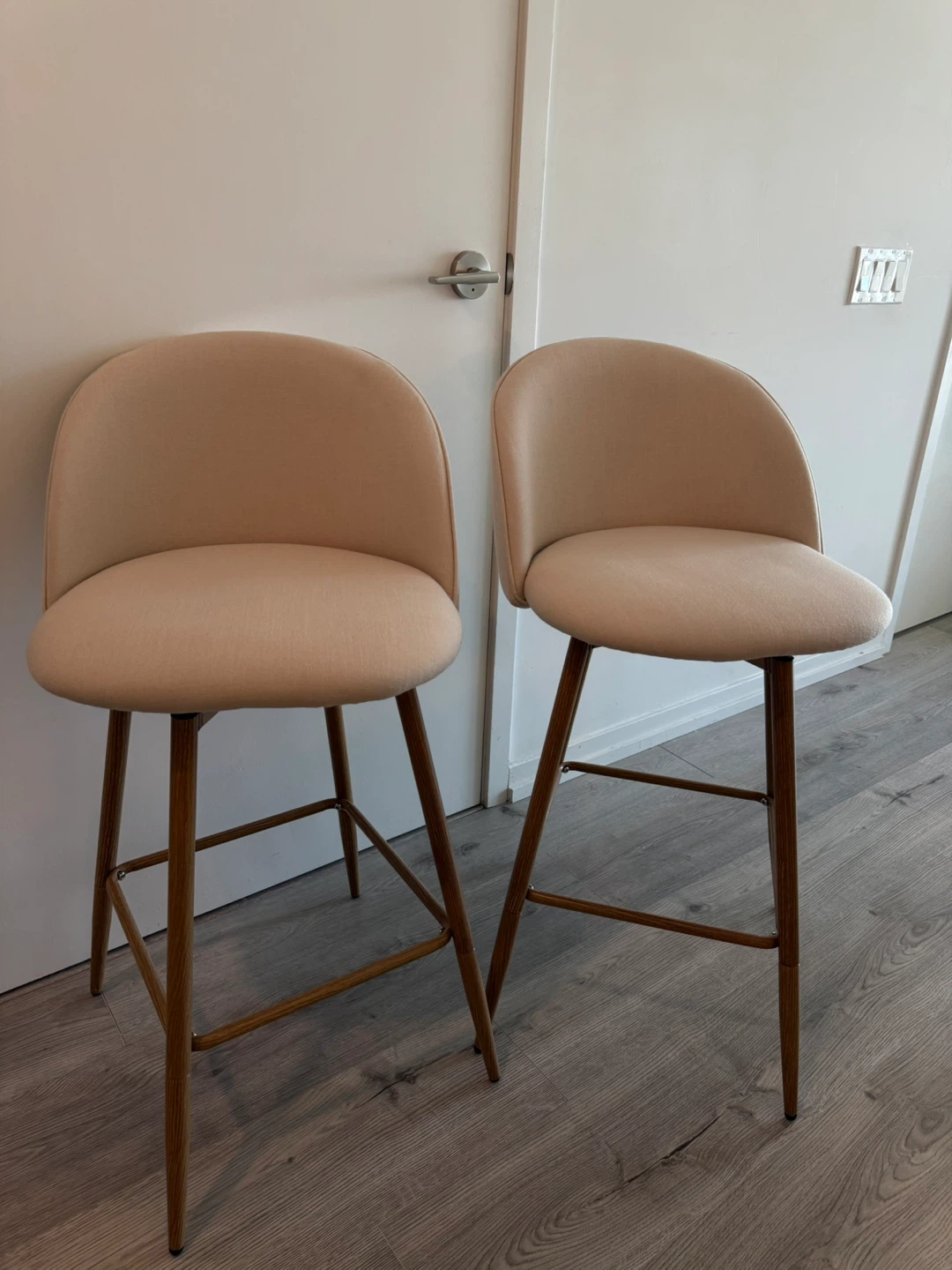 Two Beige Barstools with Fabric Upholstery