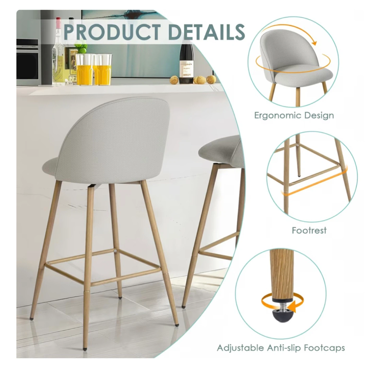 Two Beige Barstools with Fabric Upholstery - photo 3