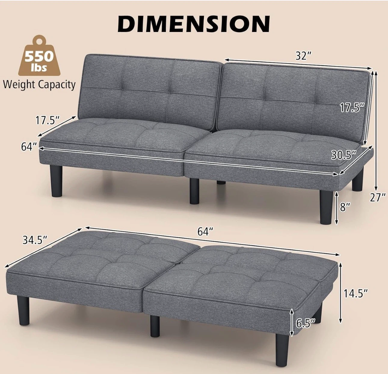 Like-New KOMFOTT Convertible Futon Sofa Bed (Linen Grey) - photo 2