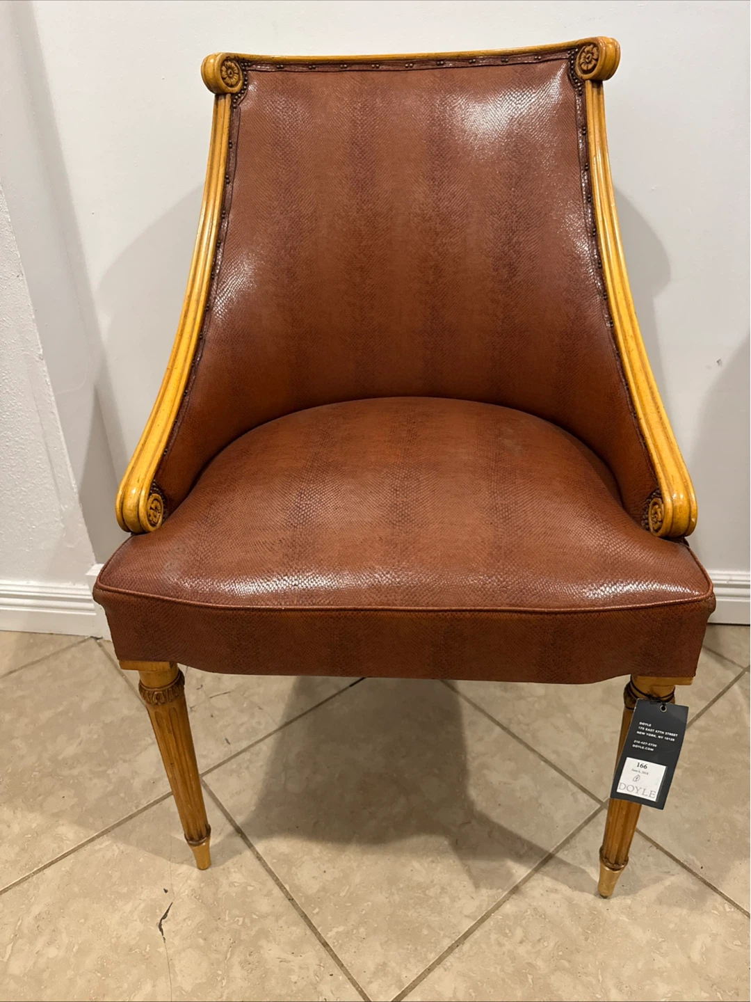 Brown Faux Snake Skin Accent Chair with Carved Wood Frame