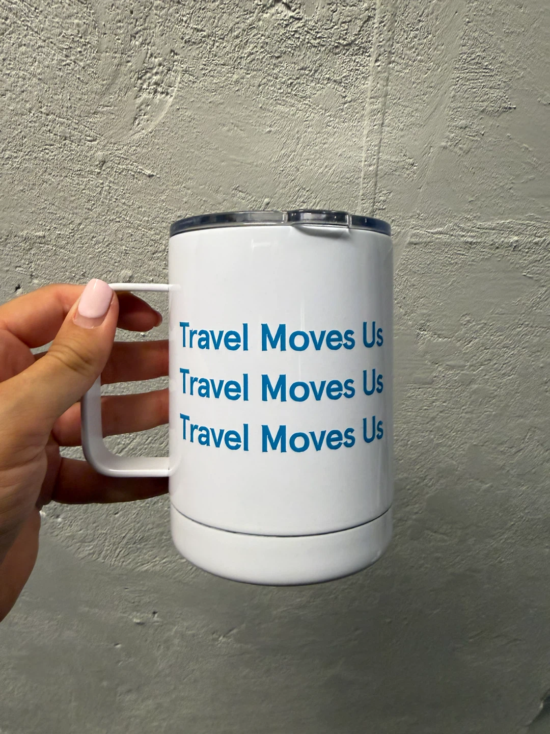 White Travel Mug with Blue Text