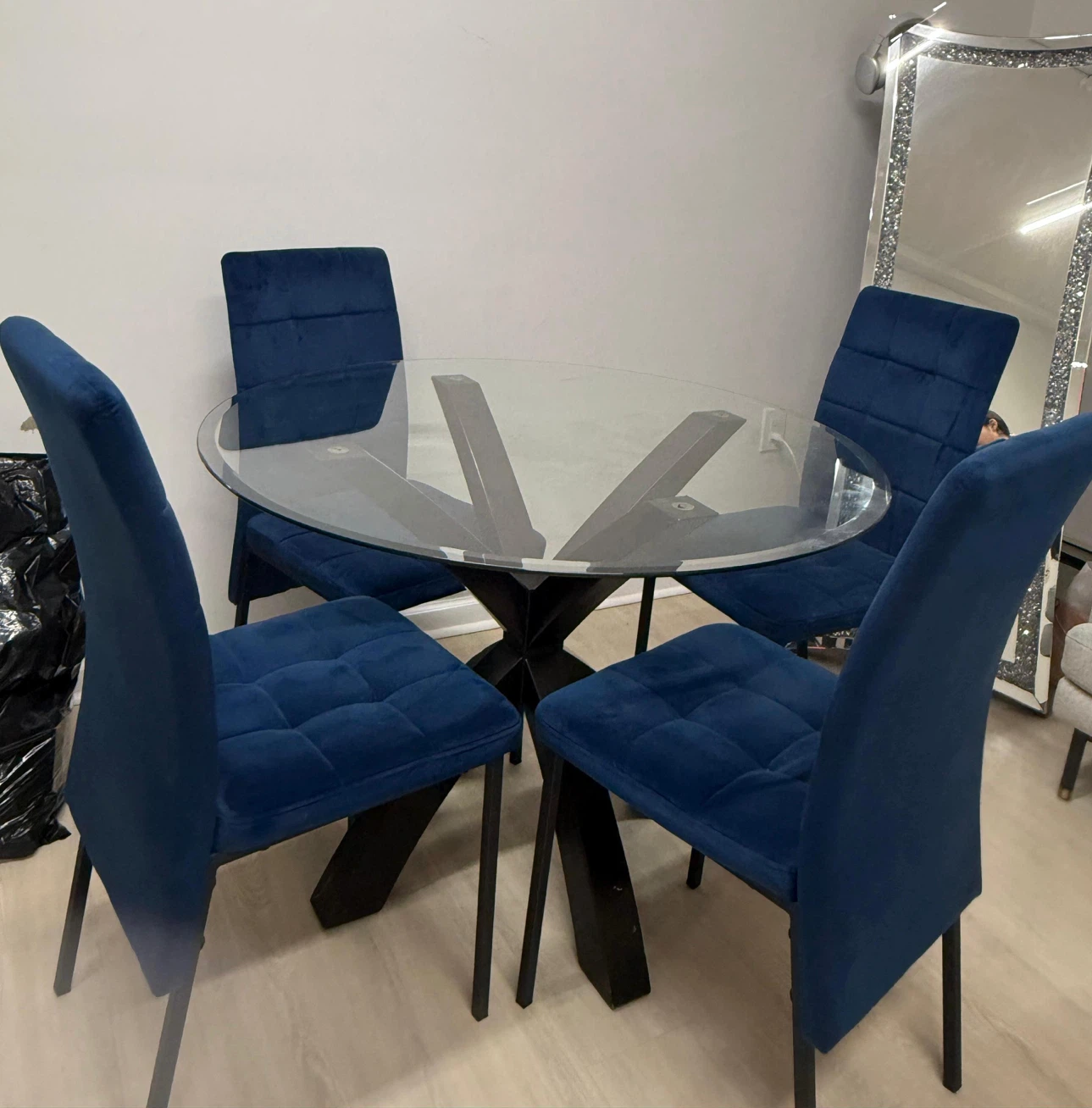 Glass Dining Table and 4 Blue Velvet Chairs