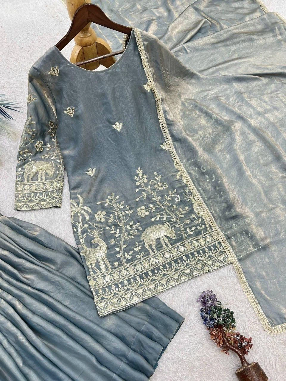 Embroidered Kurti, Pants, and Dupatta Set